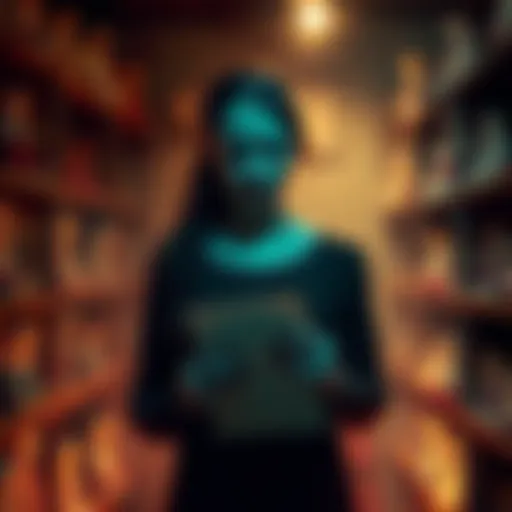 Mia stands in a dimly lit room, surrounded by eerie porcelain dolls on shelves, holding a letter with a look of concern on her face.