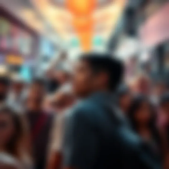 Crowd of people in a Miami mall scene during the incident, showing tension and concern on their faces.