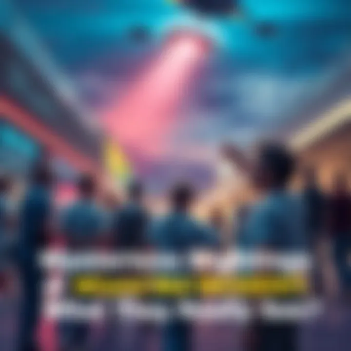 A group of people stand outside a mall sharing their accounts of strange sightings, looking puzzled and intrigued. Some point upwards as if seeing something unusual in the sky.