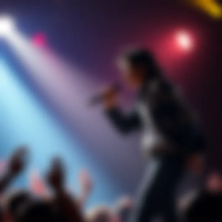 Michael Jackson singing on stage with a spotlight and fans in the audience