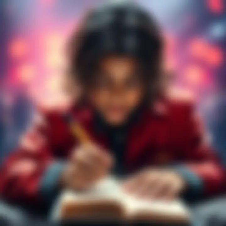 Michael Jackson as a young boy, writing down his dreams and goals in a notebook, with a bright future ahead.