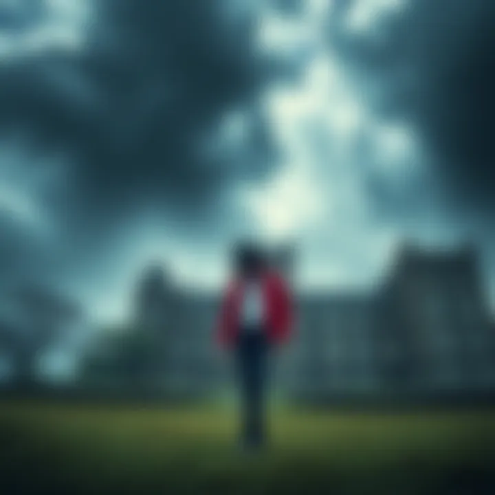 Michael Jackson standing in front of Lochmaben Castle, with a spooky atmosphere and dark clouds overhead