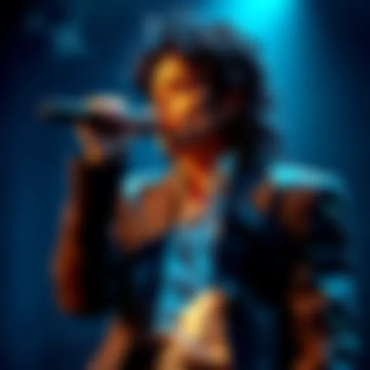 Michael Jackson with a microphone Michael Jackson performing on stage with a microphone, symbolizing his musical impact and advocacy for Palestine.