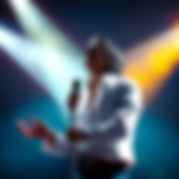 Michael Jackson performing on stage with a spotlight highlighting him, expressing emotion through his music