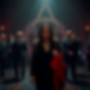 Michele Lamy standing in front of Masonic symbols, surrounded by shadows and a group of people in suits, illustrating her ties to secret societies