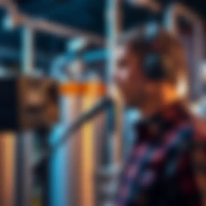 A person speaking into a lavalier microphone connected to a JBL speaker in a brewery setting, with beer making equipment visible in the background.