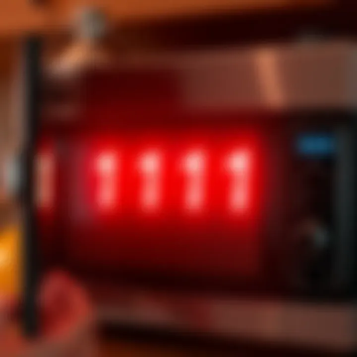 Microwave oven with a digital display showing the time 1111, beeping unexpectedly in a kitchen setting.