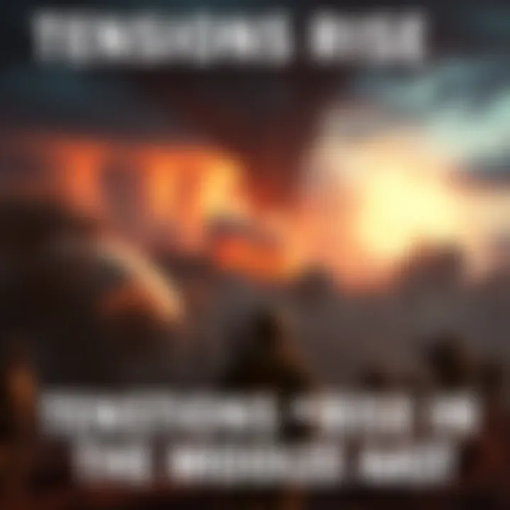 A dramatic scene depicting a potential conflict between Iran and Israel with military presence and a dark sky hinting at alien intervention.