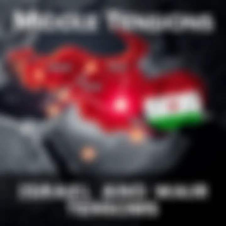 Middle East Tensions A map of Israel and Iran highlighting military movements and rising tensions between the two nations, symbolizing a looming conflict.