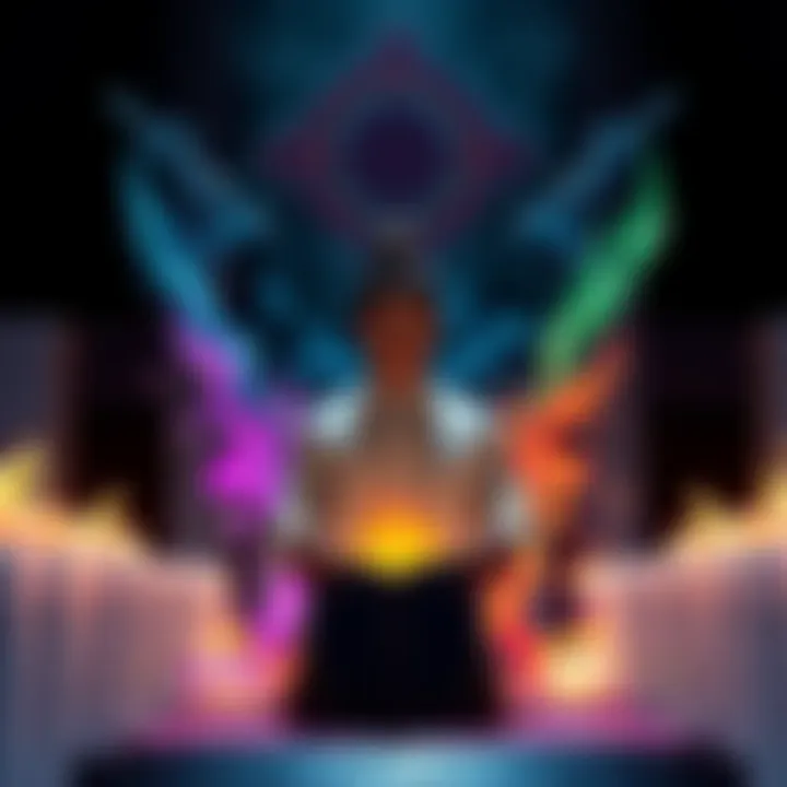 A person performing the Middle Pillar ritual, surrounded by elemental symbols and a guidebook