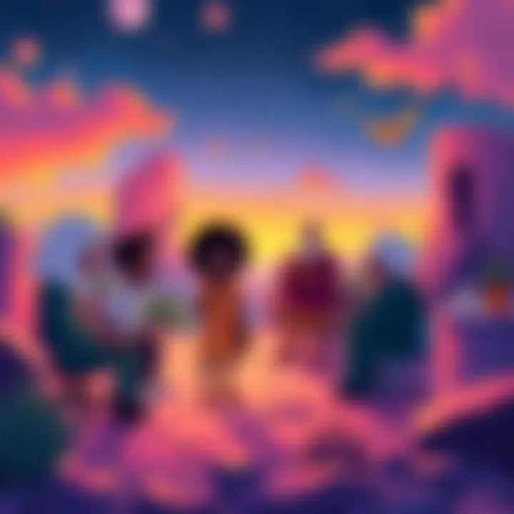 Animation Scene from Midnight Gospel A colorful animated scene featuring characters from Midnight Gospel discussing deep topics in a surreal landscape