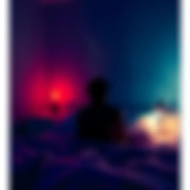 A person sitting up in bed at night, looking confused and anxious while shadows loom in the room