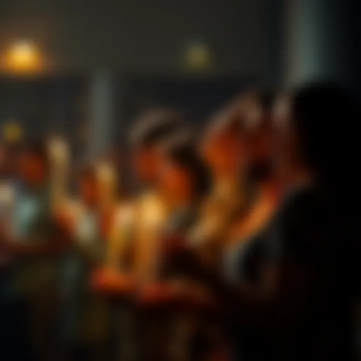 A group of people engaged in prayer, illuminated by candlelight, showing expressions of focus and faith