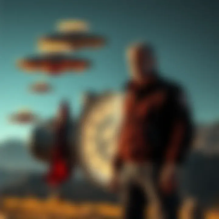Mike 'Mad Man' Marcum stands beside a homemade time machine with UFOs in the background