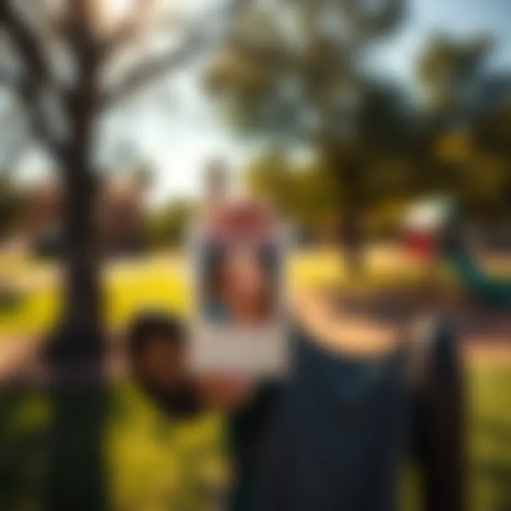 A concerned community holding a missing person flyer of Mikelle Biggs at a local park in Mesa, Arizona, surrounded by trees and playground equipment.