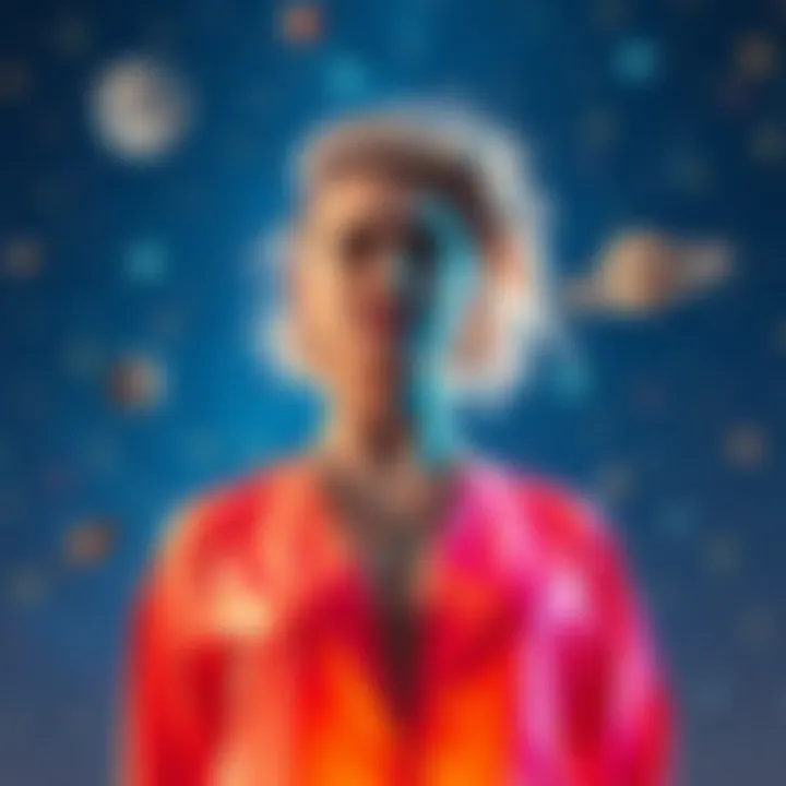 Miley Cyrus stands in front of a cosmic scene with stars and planets, symbolizing her astrological journey