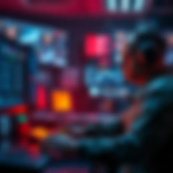 U.S. Military A.I. Propaganda Development A military personnel examining a computer screen with A.I. algorithms while surrounded by digital propaganda examples.