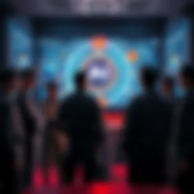 A group of military personnel observing a digital display showcasing advanced A.I. technology in a war room setting.