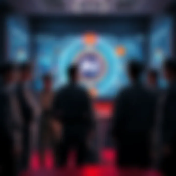 A group of military personnel observing a digital display showcasing advanced A.I. technology in a war room setting.