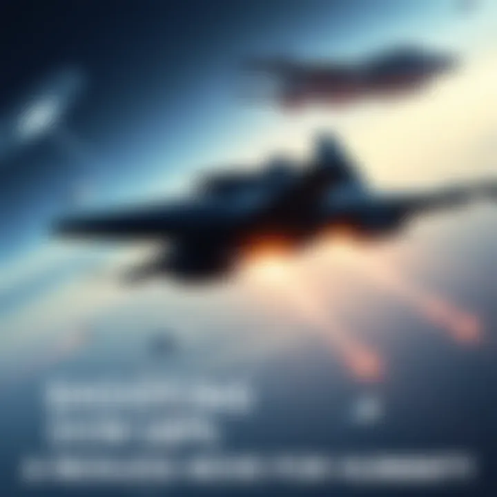 Military aircraft targeting UAPs A military jet aiming at an unidentified aerial phenomenon in the sky