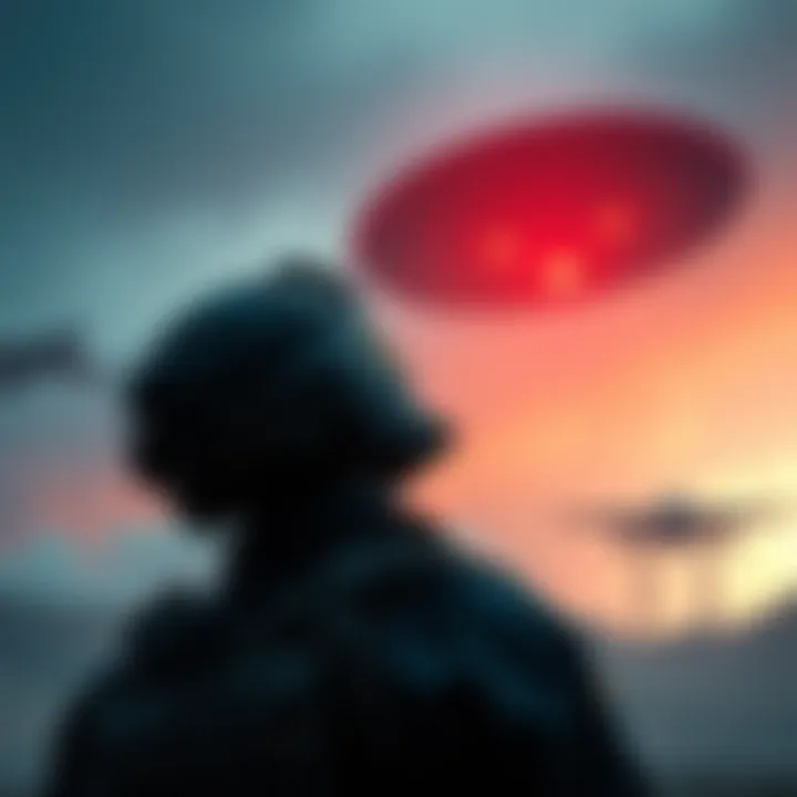 A soldier looking up at the sky with an alien spacecraft silhouette, symbolizing connections between the military and alien research.