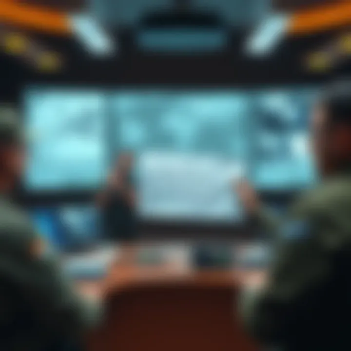Military briefing on UAP weapon A military officer presents a blueprint of a UAP-related super weapon in a war room, surrounded by maps and monitors displaying aerial footage.