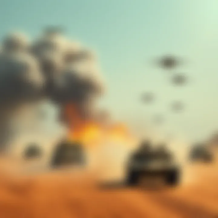 US and Iranian military forces face off with tanks and aircraft in a tense desert setting