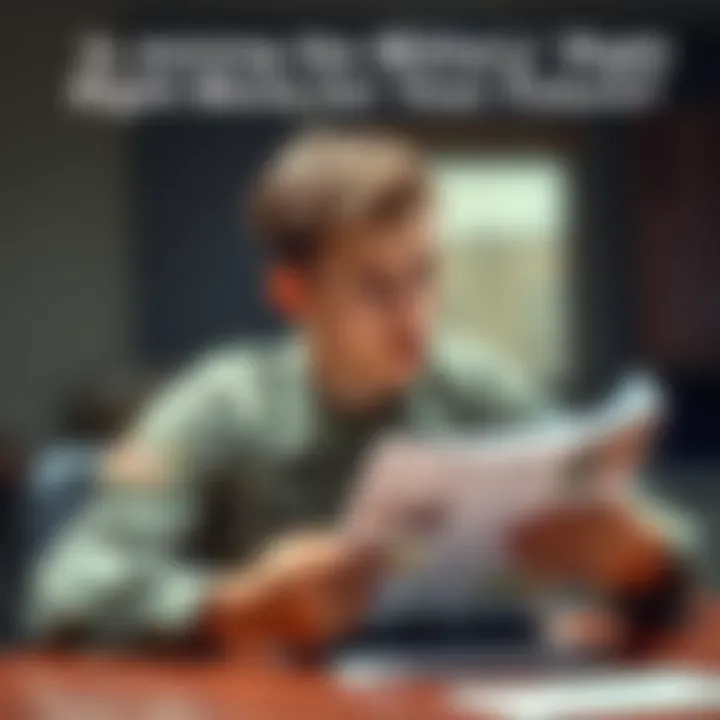 A young adult looks thoughtfully at military brochures while sitting at a table, weighing options for future career opportunities.
