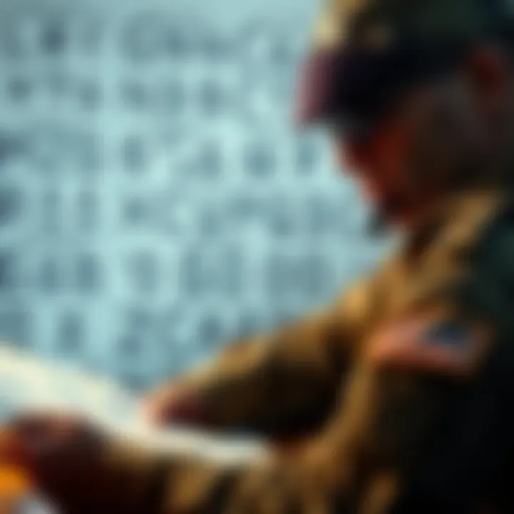 A soldier analyzing military codes and symbols on a document, looking thoughtful about their meanings.