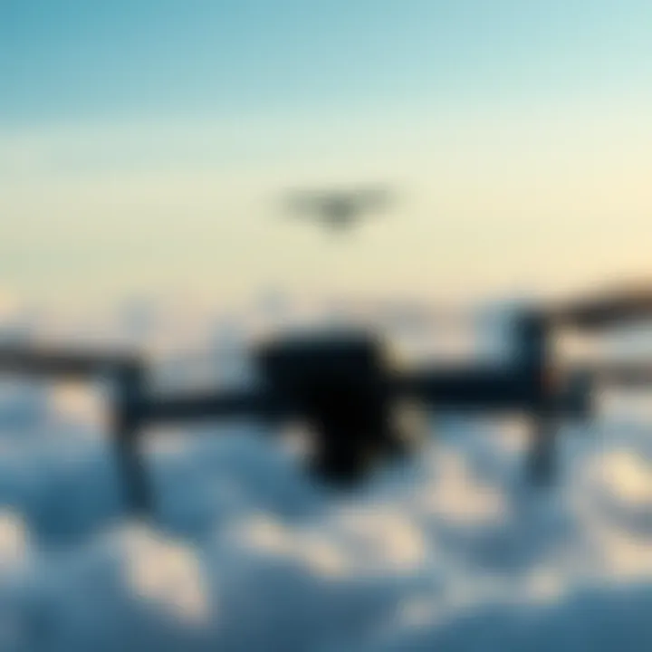 A military drone flying above a cloudy sky with a silhouette of an unidentified aerial phenomenon in the background.