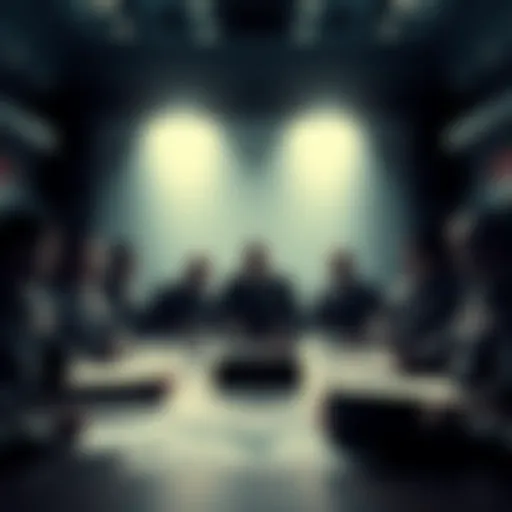 A group of military officials in a dimly lit room discussing UAP and USO disclosure, with documents and maps spread out on a table.