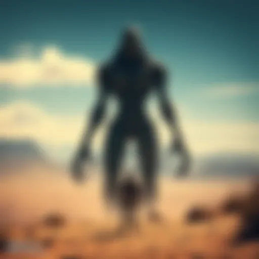 A soldier standing near a large humanoid figure in a desert landscape, with mountains in the background