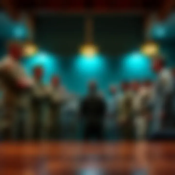 Group of military personnel in various attire including BDUs and uniforms discussing in a Lodge setting