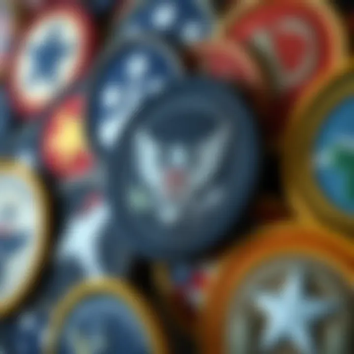 Close-up of various U.S. military patches representing secret divisions and roles of pilots and engineers