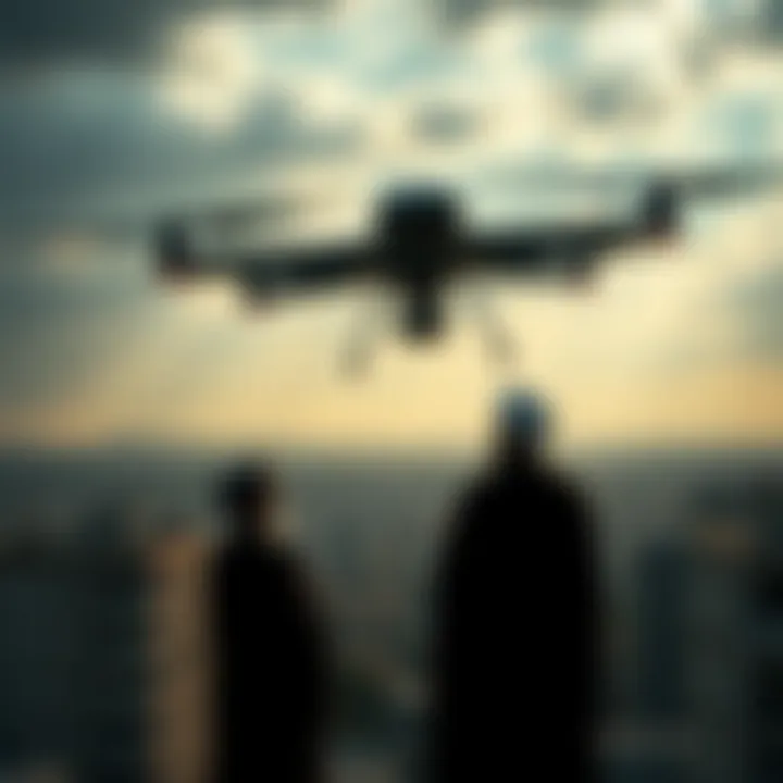 A military drone hovering over a divided cityscape, symbolizing the contrast in military targets between leaders and civilians, with shadowy figures representing Khamenei and Hamas leaders in the back...