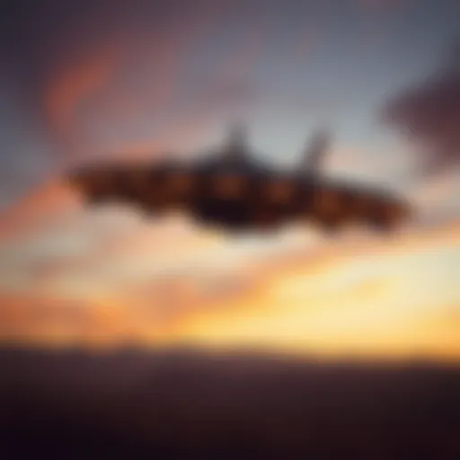 An advanced military aircraft resembling a UFO flying above a desert landscape at dusk.