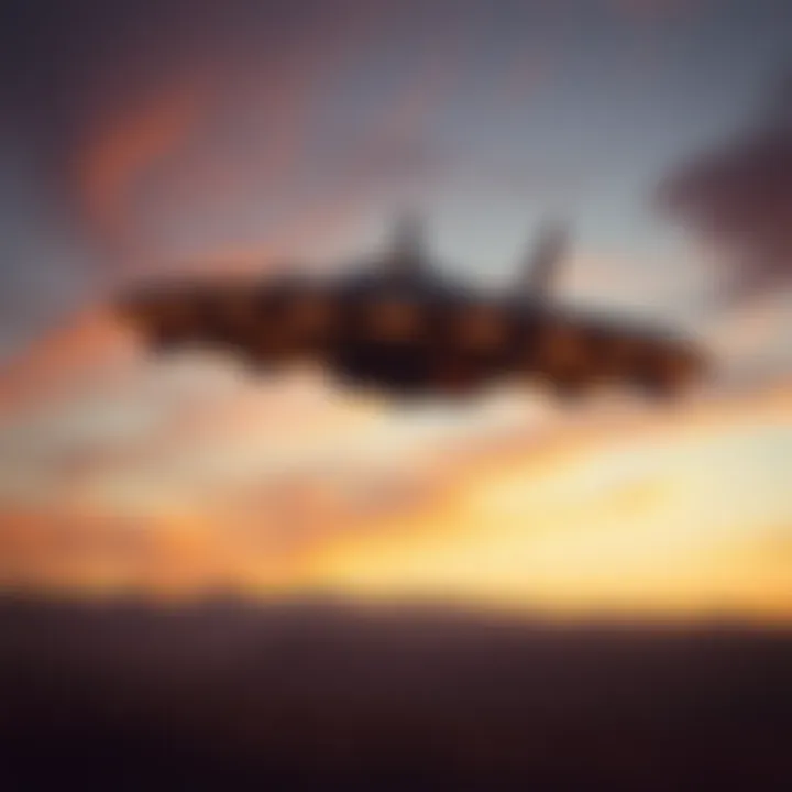 An advanced military aircraft resembling a UFO flying above a desert landscape at dusk.