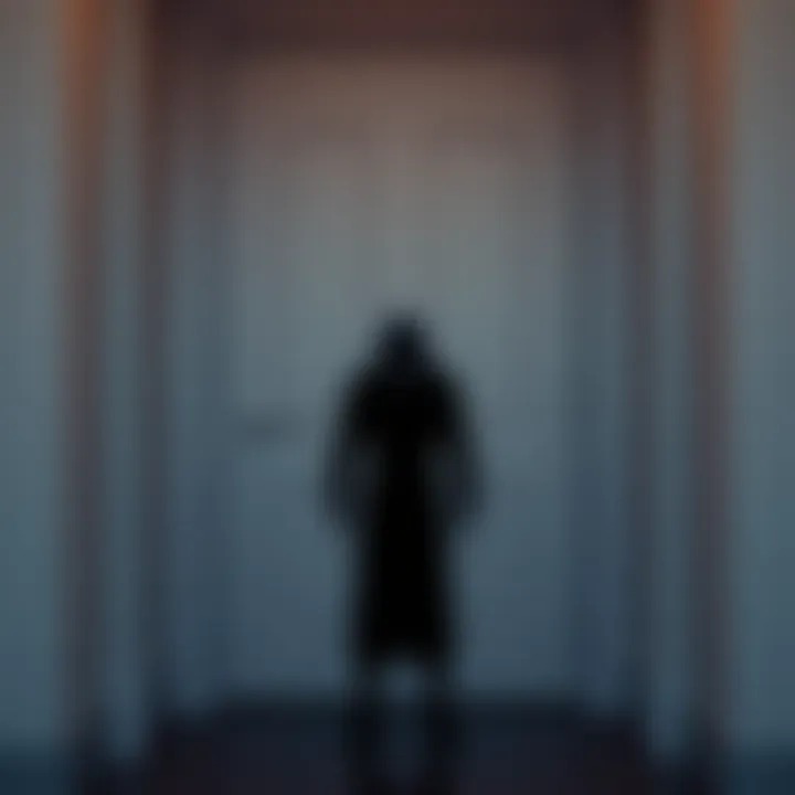 A Mimic, resembling a shadowy figure with sharp features, stands quietly in front of a closed door, showing hesitation instead of forceful entry.