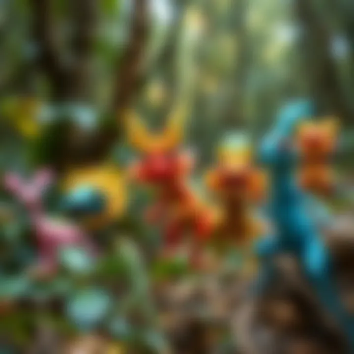 A group of colorful mimic creatures in a forest setting, drawing attention with their unique forms and shapes.