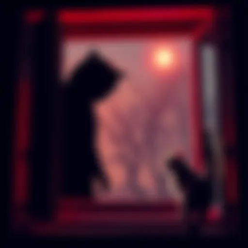 A dark, shadowy figure outside a window mimicking the voice of a woman's mother, while a frightened cat watches from inside the house.