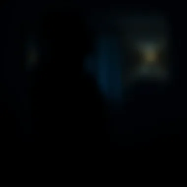 A shadowy figure in a dimly lit room mimicking a person, with a voice resembling a husband's call, creating an eerie atmosphere.