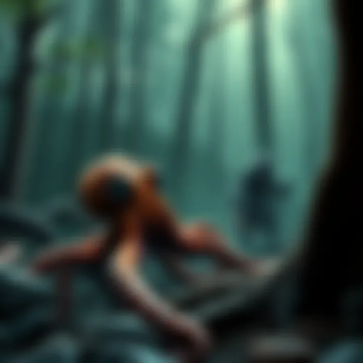 A Mimic Octopus blending into its surroundings beside an illustration of a Dogman figure in a forest, emphasizing camouflage and mythical elements.