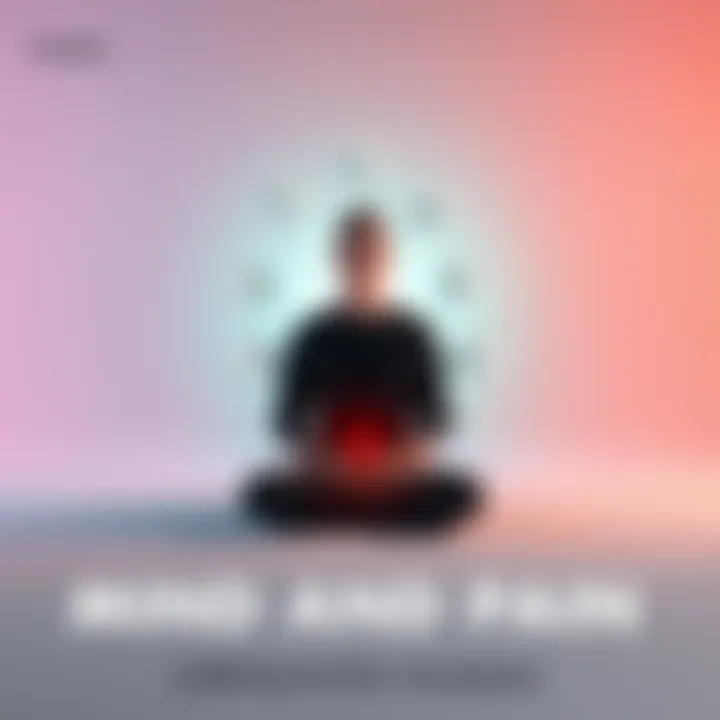 A person sitting cross-legged, meditating with a calm expression, surrounded by abstract shapes representing thoughts of pain and suffering. The background is a gradient of soft colors to symbolize the mind's influence over feelings.