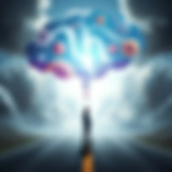 A person standing at a crossroads, contemplating the ideas of mind and reality, with a thought bubble depicting abstract concepts.