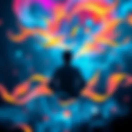 A person sitting in deep thought, surrounded by swirling colors and abstract shapes representing dreams and experiences.