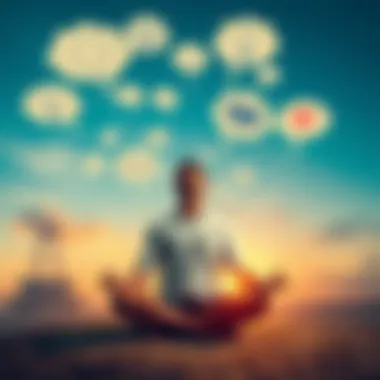 Mind and Reality A person meditating with thought bubbles illustrating positive ideas and beliefs around them, symbolizing the power of mindset.