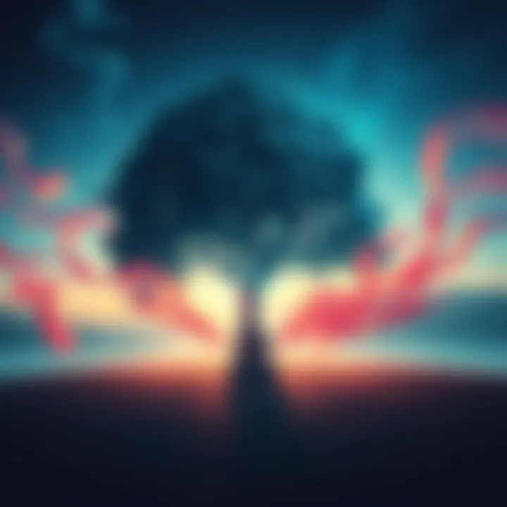 Mind and Rebirth A serene landscape showing a figure meditating under a tree, symbolizing consciousness and rebirth, with flowing colors representing change and transformation.