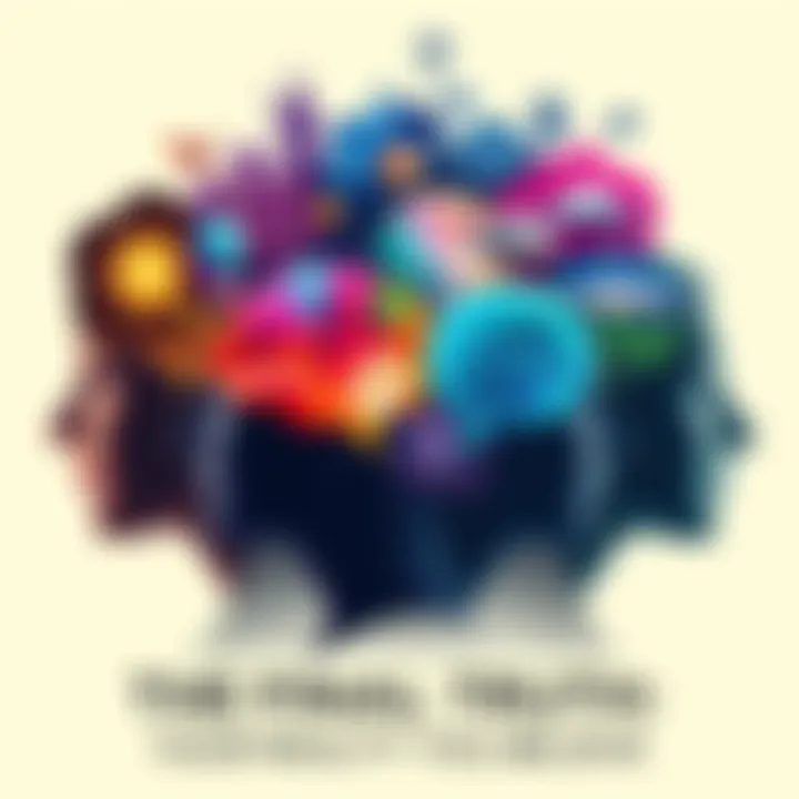 A visual representation of different people's heads with colorful thought bubbles showing varied beliefs like aliens, religion, and nature. Each thought bubble is unique, symbolizing individual realit...