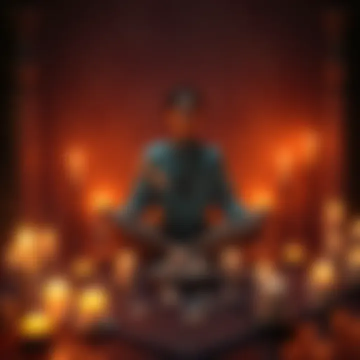 A person sitting cross-legged, surrounded by candles and crystals, practicing a spell for mental clarity.