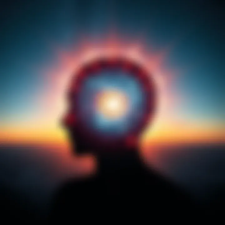 An illustration showing a silhouette of a human head with waves of energy surrounding it, symbolizing the influence of non-human intelligence on thoughts, with a backdrop of a starry sky.